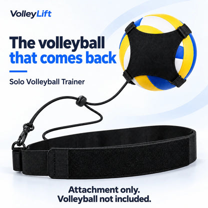 Black VolleyLift waist belt, tether and ball holder shown assembled around a demonstration volleyball. Volleyball not included.