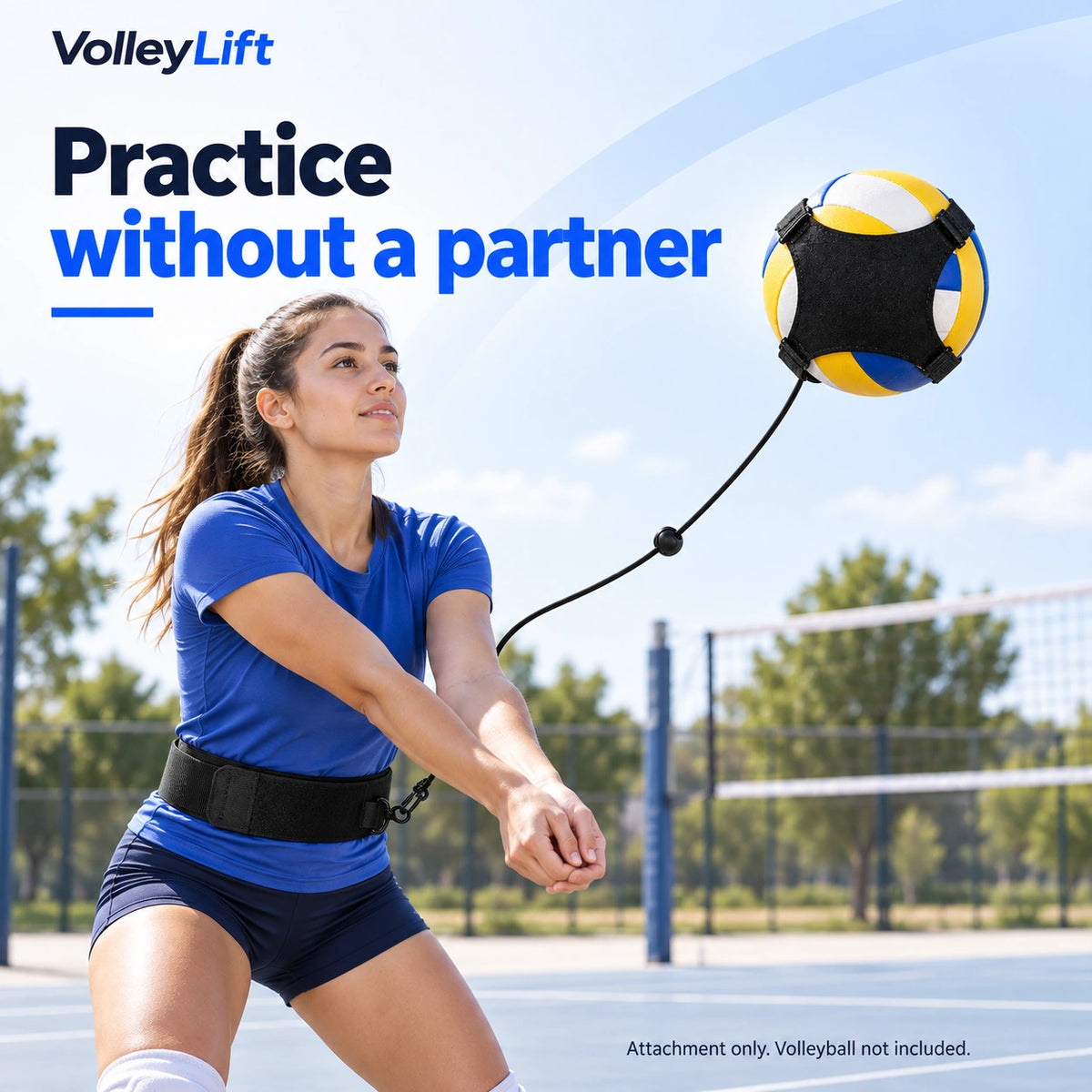 Adult volleyball player practicing with the black waist-worn VolleyLift tethered attachment. Volleyball not included.