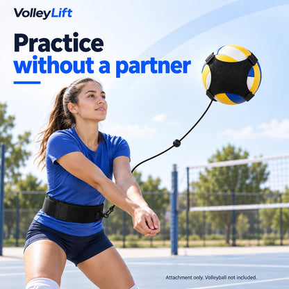 Adult volleyball player practicing with the black waist-worn VolleyLift tethered attachment. Volleyball not included.