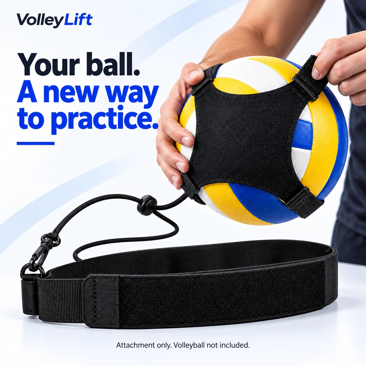 Hands fastening the black four-corner holder around a volleyball, beside the tether and waist belt. Volleyball not included.