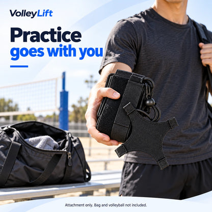 Player holding a folded black VolleyLift attachment set beside a sports bag. Bag and volleyball not included.