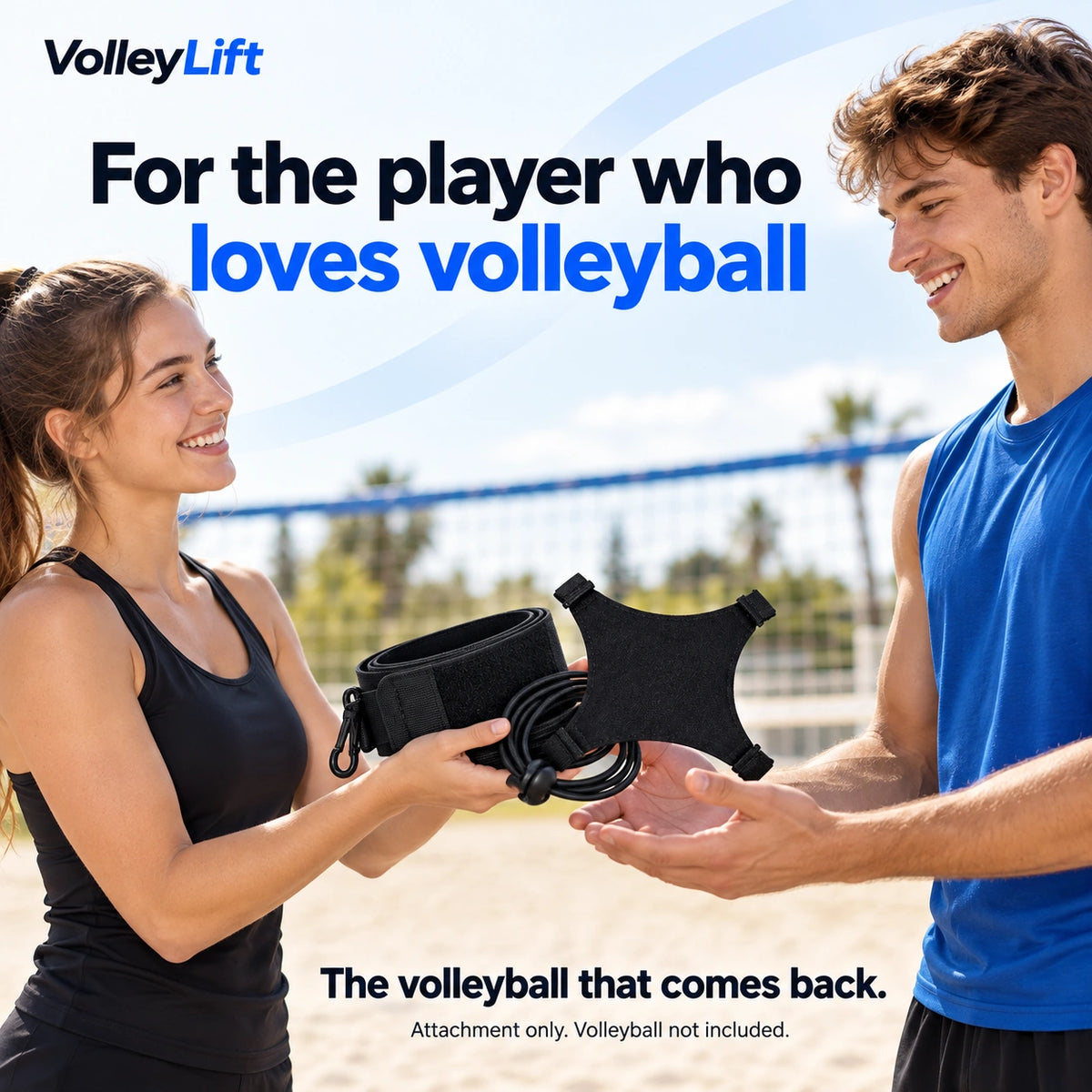 Gift buyer handing a black VolleyLift attachment set to an adult volleyball player. Volleyball not included.